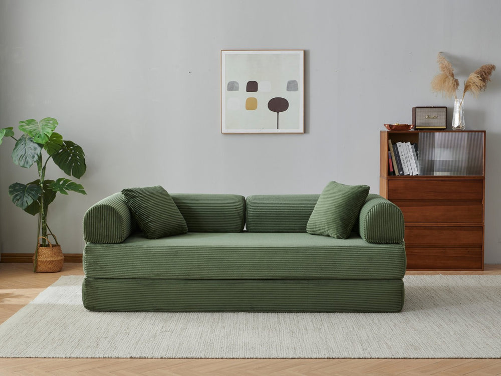 English Elm 78.8" Corduroy Modular Floor Sofa Convertible Sleeper Futon with Pillow Back Support Army Green W5617P458226