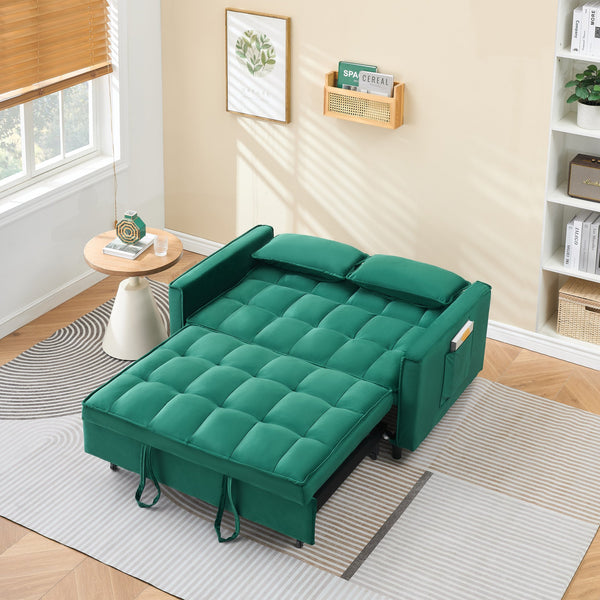 English Elm 55-inch Green velvet sofa bed with storage pockets, 2-seat convertible sleeper, solid wood frame, 500lb capacity W1658P239827