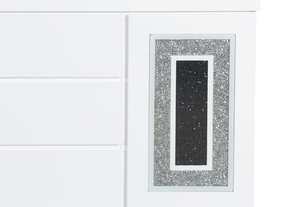 English Elm ARIYA White Buffet – Contemporary High Gloss Solid Wood & MDF Sideboard with Clear Glass Inlay, Chic Finish B201P226213