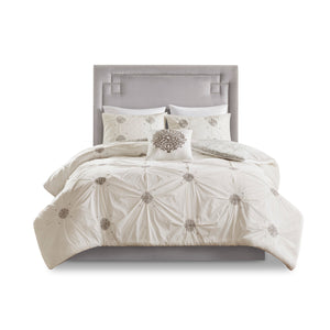 English Elm King/Cal King Malia 4-Piece Embroidered Cotton Reversible Duvet Cover Set – Shabby Chic Ivory Gray Medallion Elegance, Machine Washable B035129165