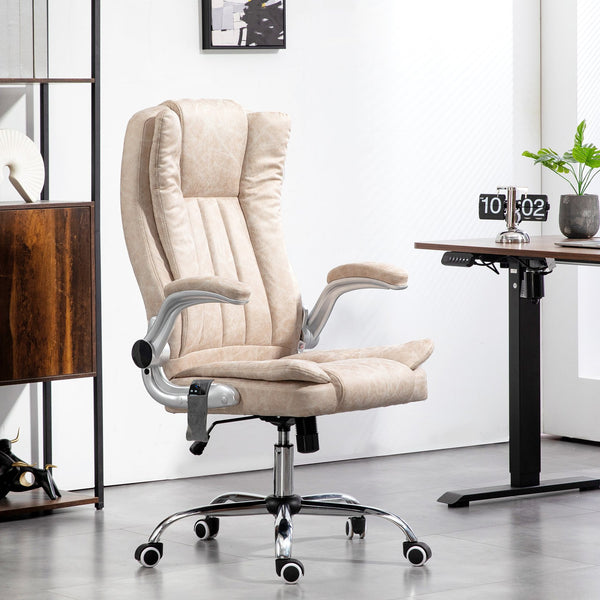 English Elm Homcom Executive Office Chair - Cream White Microfiber, Adjustable Height, Tilt Function & Flip-Up Arms W2225P250019