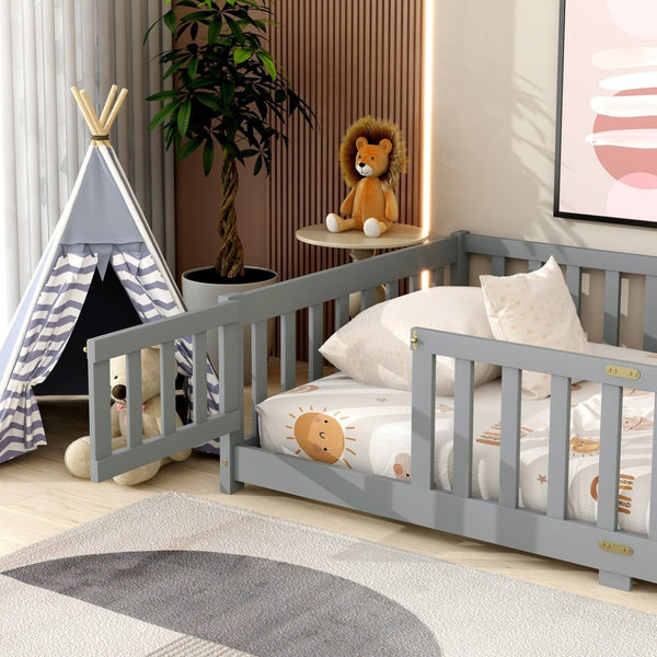 English Elm Twin Low Profile Rubberwood Floor Bed with Full Safety Fence for Toddler Rooms Grey W504P429267