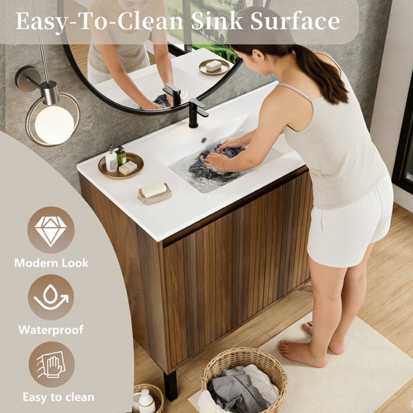 English Elm 36 Inch Floating Bathroom Vanity Fluted Wood Grain Panel with Ceramic Integrated Sink W3520S00043