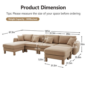 English Elm Boucle U-Shape Sectional Sofa - 4-Seater With Shell Armrests & Movable Ottomans In Coffee Color W3041S00289