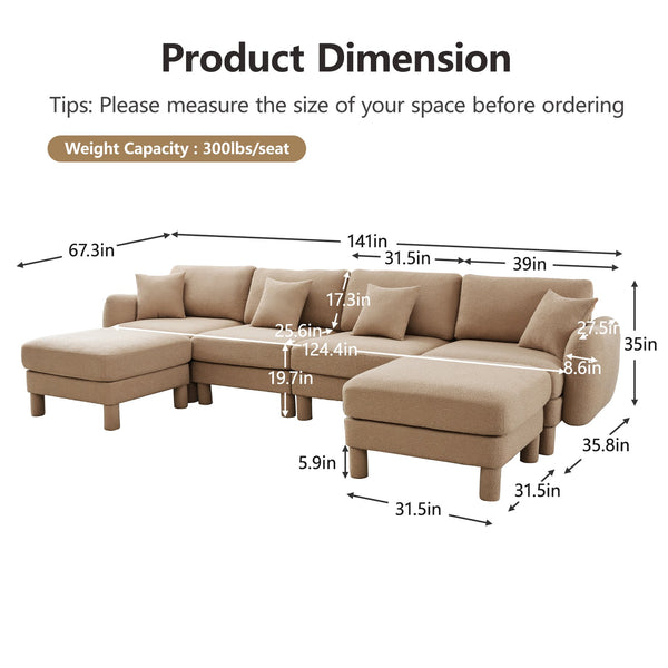 English Elm Boucle U-Shape Sectional Sofa - 4-Seater With Shell Armrests & Movable Ottomans In Coffee Color W3041S00289