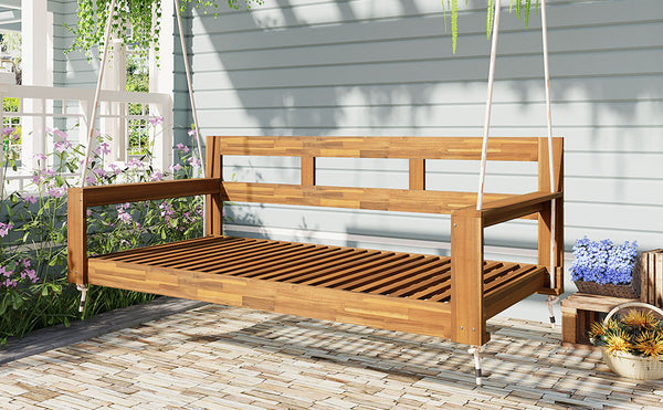English Elm TOPMAX Acacia Wood Twin Porch Swing Bed Frame with High Back, 350lb Capacity & 118" Hemp Ropes Natural N717P265795A