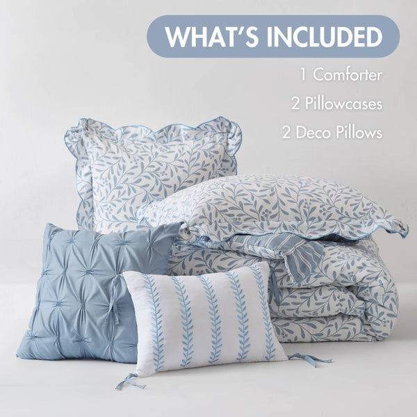 English Elm 5-piece Queen Microfiber Comforter Set Soft Printed Bedding with Decorative Pillows Blue B035P482938