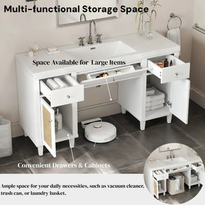 English Elm 60 Inch Double Sink Bathroom Vanity Rattan Pine Legs Soft Close Storage Brown White N817P296127W