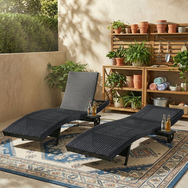 English Elm K&k Outdoor Wicker Reclining Chaise Set 2 Piece with Pull Out Tray Rolling Wheels Black N707P395515B