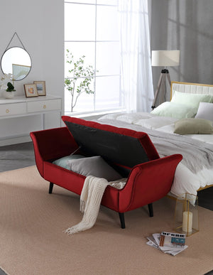 English Elm Vintage Button Tufted Velvet Storage Bench Mid Century Curved Leg Entryway Seat Red W2795P449282