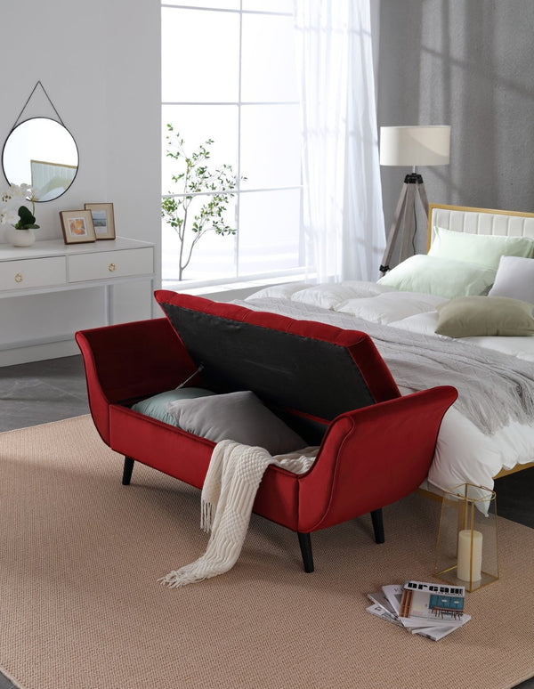 English Elm Vintage Button Tufted Velvet Storage Bench Mid Century Seat for Bedroom Entryway Red W2795P428651