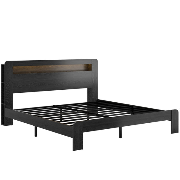 English Elm Bed Queen Platform Wood Frame Led Headboard Usb Charging Under Storage Modern W636P318040