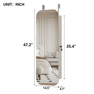 English Elm Jewelry Cabinet Armoire With Full-Length Mirror, Lighted Organizer, Lockable Storage & Modern Design W3406P340449