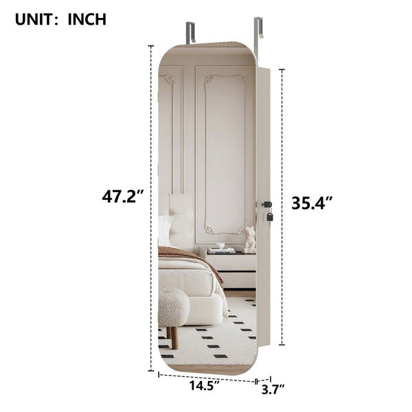 English Elm Jewelry Cabinet Armoire With Full-Length Mirror, Lighted Organizer, Lockable Storage & Modern Design W3406P340449