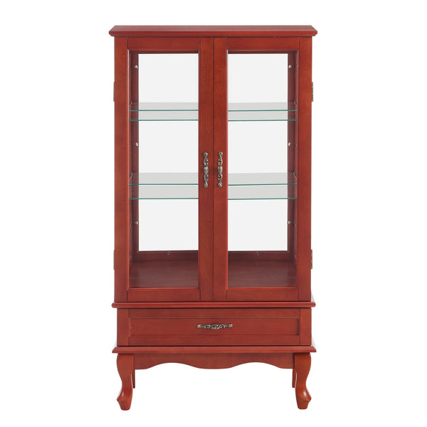 English Elm Lighted Curio Display Cabinet With Adjustable Glass Shelves, 2 Doors, & Drawer - Cherry Finish Elegance W2275P178823