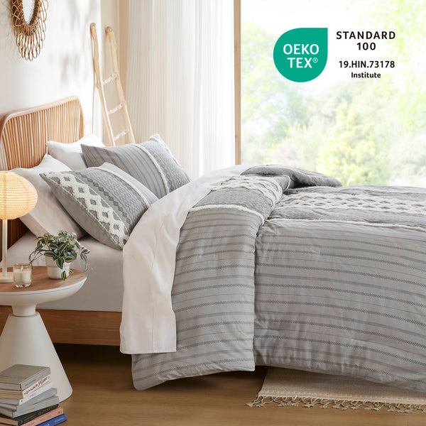 JLA Home INK+IVY - Cotton Mid-Century Geometric Comforter Set with Tufted Chenille Accents, Breathable OEKO-TEX Certified Gray II10-1090