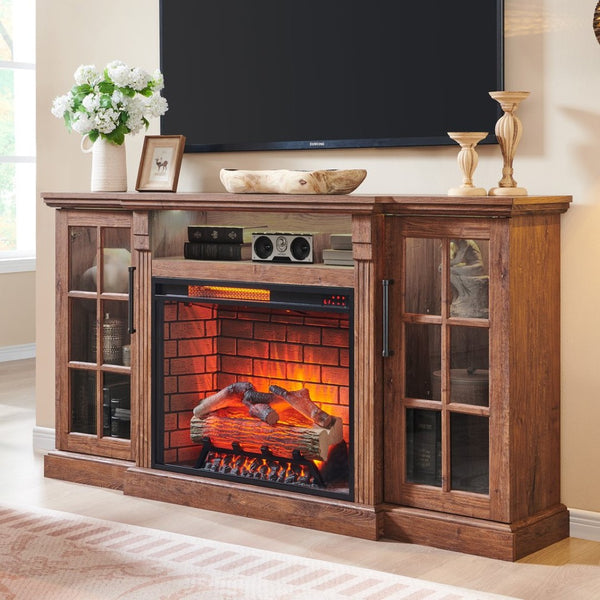 English Elm 65" Fireplace Tv Stand with Led Glass Cabinets and Electric Flame for Rooms up to 400 Sq Ft W1769S00017