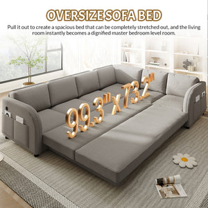 English Elm 115.2" Oversized Teddy Fabric Sectional Sleeper Sofa with Usb Ports and Modular Chaise Light Grey W1885S00317