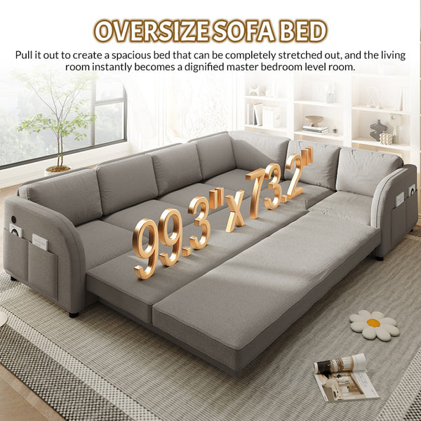 English Elm 115.2" Oversized Teddy Fabric Sectional Sleeper Sofa with Usb Ports and Modular Chaise Light Grey W1885S00317