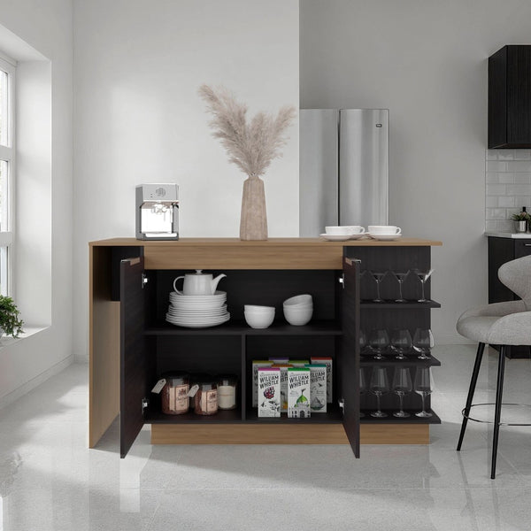 English Elm Wenge Two-tone Oak Kitchen Island with Stemware Rack Open Shelving and Cabinet B062S01861