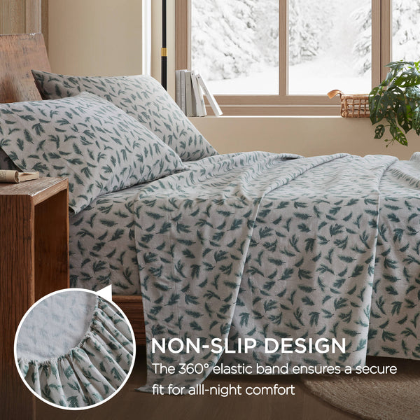 English Elm 4 Pieces Cozy 100% Cotton Flannel Sheet Set With Pine Branches Print For All-Season Comfort B035P381342