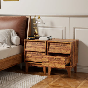 English Elm 2 Nightstands Vintage Bevel Design with Hidden Drawer Pulls and Solid Wood Legs for Stable Style Brown W578P192477