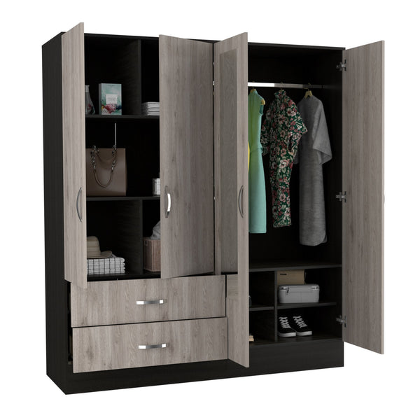 English Elm Gangi Modern 4-Door Armoire with Mirrors, 10 Shelves, 2 Drawers & Hanging Rod for Organized Bedrooms Black+Grey 74.8 L x 23.62 W x 3.94 H B097S00228