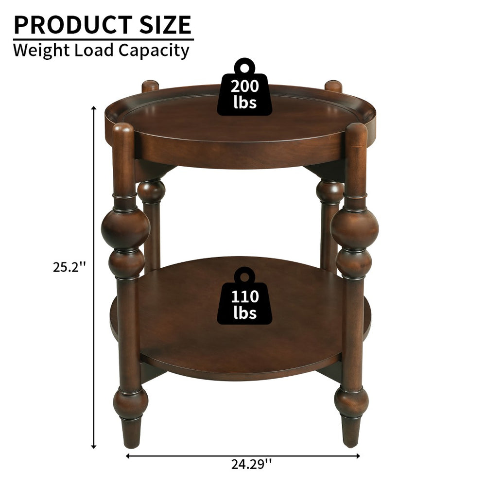 English Elm Classic Solid Wood Round End Table with Turned Legs and Open Storage Shelf Below W3137P446143
