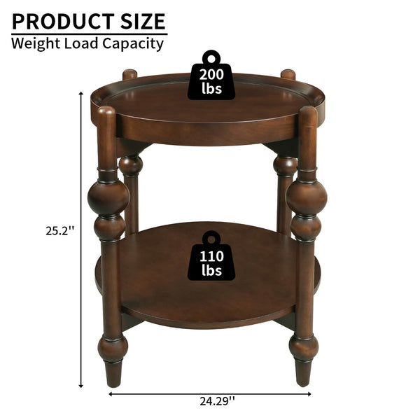 English Elm Classic Solid Wood Round End Table with Turned Legs and Open Storage Shelf Below W3137P446143