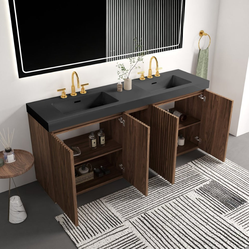 English Elm Galan 72 Inch Double Sink Vanity Fluted Wood Quartz Top Freestanding Bathroom Cabinet Walnut Brown W1865S00231