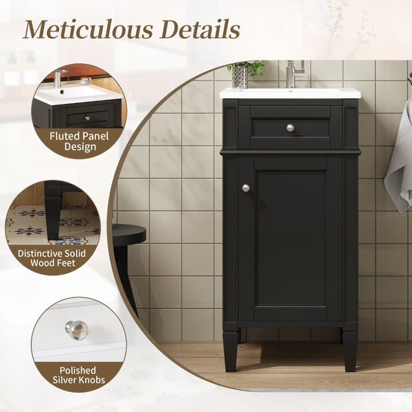 English Elm 16-inch French Style Freestanding Vanity Set with Ceramic Sink and Soft Close Cabinet Black N710P405388B