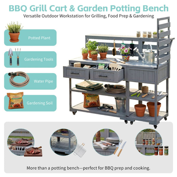 English Elm Topmax Modular Fir Wood Outdoor Kitchen Cart Stainless Steel Prep Station Gray N717P417963E