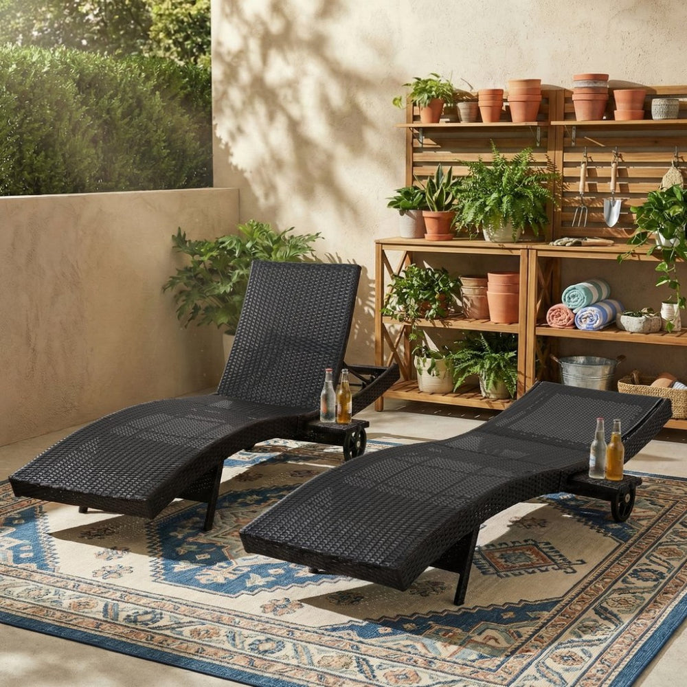 English Elm K&k Outdoor Wicker Reclining Chaise Set 2 Piece with Pull Out Tray Rolling Wheels Black+Brown N707P395515D