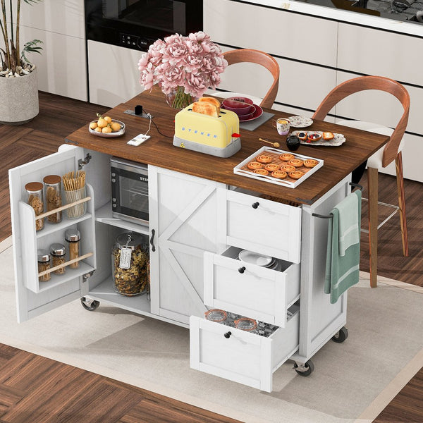 English Elm K&K 54.5" Farmhouse Kitchen Island with Drop Leaf, Built-In Power Station, Rolling Storage Cart White N707P170349W