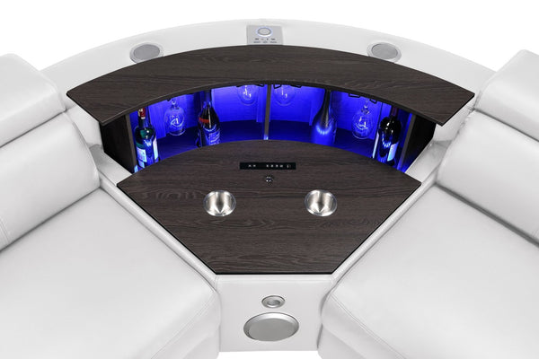 English Elm Nova Tech Sectional with Led Bar Bluetooth Speakers Power Recliners and Freezer Console White B009S02171