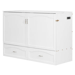 English Elm Queen Murphy Wall Bed with Drawers Usb Charging Ports Pulley Lift Mdf Cabinet White LP100671AAK-1