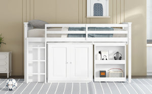 English Elm Twin Loft Bed Rubberwood Frame Pull Out Desk Storage Cabinet and Shelf Kids Room White W504S00288