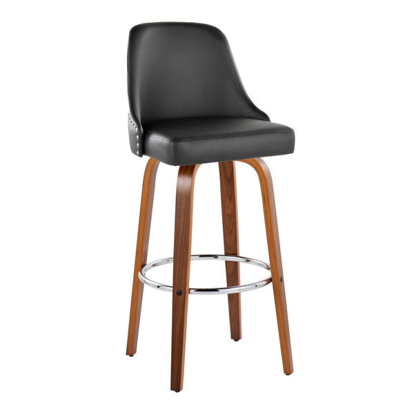 English Elm 30" Swivel Barstools Set of 2 Walnut Bentwood Faux Leather Chrome Nailhead Bar Height B202S01948
