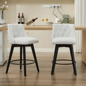 English Elm 007-360° Swivel Bar Stools Set of 2 25" Counter Height Linen Tufted Back Solid Wood Frame Durable Upholstery White W2636P242111