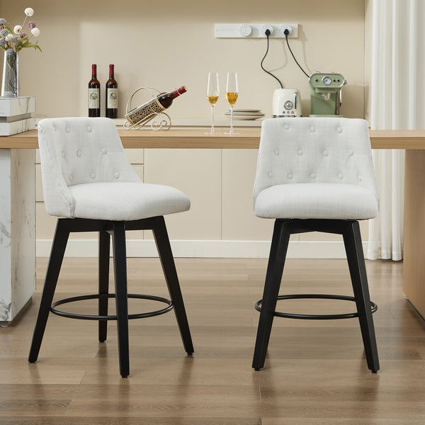 English Elm 007-360° Swivel Bar Stools Set of 2 25" Counter Height Linen Tufted Back Solid Wood Frame Durable Upholstery White W2636P242111