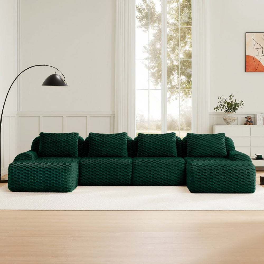 English Elm 146" U-shaped Modular Sectional Flannelette Sofa with Ottoman for Spacious Living Rooms Green W714S01530