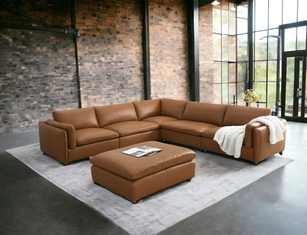 English Elm Brighton Top Grain Leather 6-Piece Modular Sectional With Ottoman – Modern Comfort & Versatile Design B2726S00005