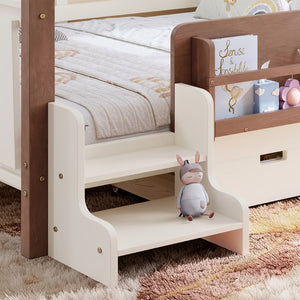 English Elm Twin Kids Platform Bed with Trundle Staircase Bookshelf and Rounded Safety Rails Beige W1580S00539
