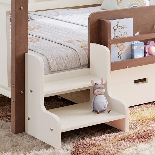 English Elm Twin Kids Platform Bed with Trundle Staircase Bookshelf and Rounded Safety Rails Beige W1580S00539