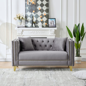 English Elm 58"Chesterfield Velvet Sofa Elegant Tufted 2-Seater Deep Seat with Nailhead Trim Solid Wood Frame Grey W3373S00029