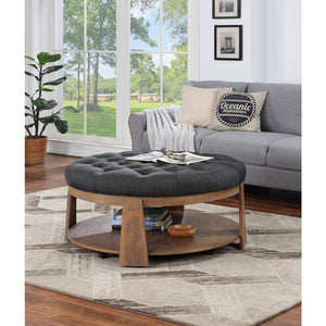 English Elm Wire-brushed Rustic Ottoman with Deep Button Tufting, Padded Linen-Like Seat & Open Shelf, 40¾" DIA Dark Gray 44 L x 44 W x 10 H B011P184967