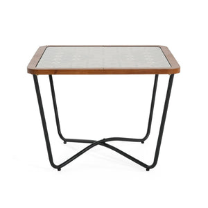 English Elm Modern Square Glass Top Coffee Table with Geometric Pattern and Black Metal Frame N770P197539B