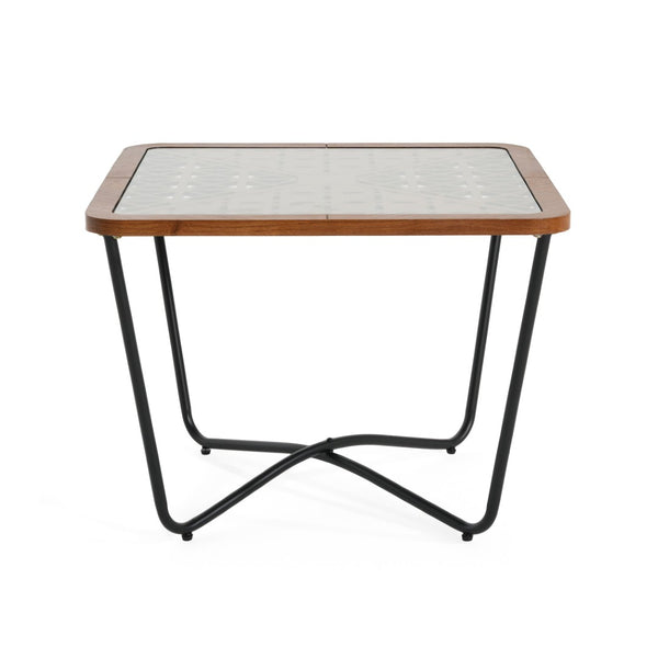 English Elm Modern Square Glass Top Coffee Table with Geometric Pattern and Black Metal Frame N770P197539B