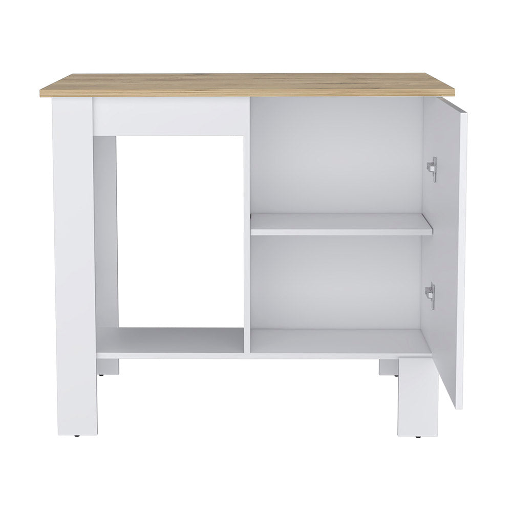 English Elm Kitchen Island 35" H With Storage Cabinet & Open Shelves - White/Macadamia Finish For Modern Spaces B097132932