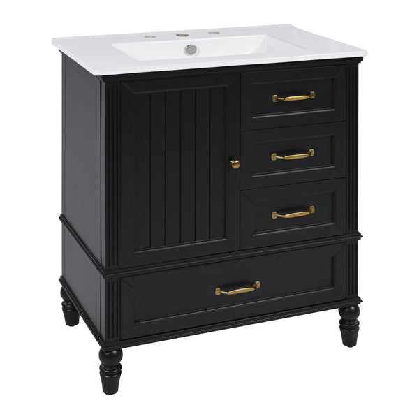 English Elm Christopher Knight Home® - 30" Bathroom Vanity with Ceramic Sink, Acacia & MDF Cabinet, Soft-Close Door & Drawers Black N759P346895B